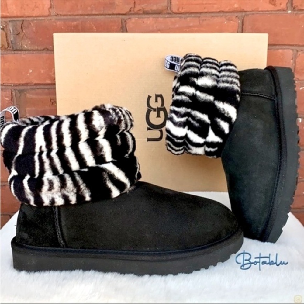 UGG Classic Fluff Mini Quilted Zebra Black Suede Shearling Winter Boots NEW 6 37